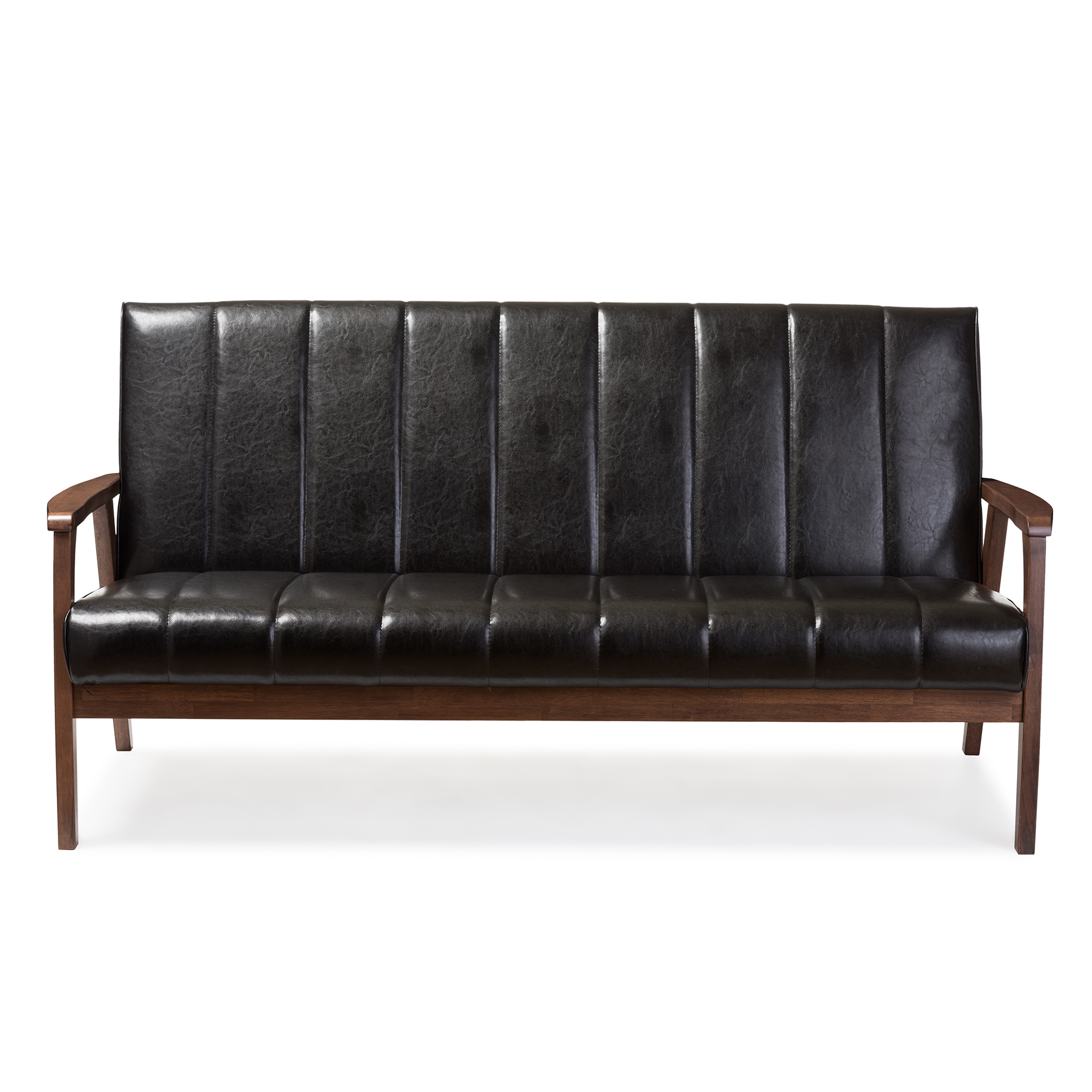 Baxton Studio Nikko Mid-century Modern Scandinavian Style Black Faux Leather Wooden 3-Seater Sofa